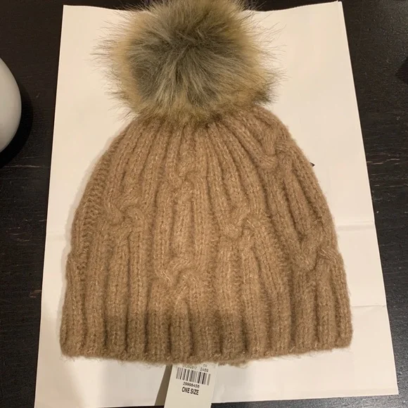 New Express Soft Pom Beanie Brown Tan Women Cable Knit Soft Winter Warm Hat - Picture 3 of 5